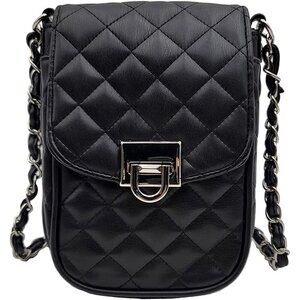 ⭐Women Small Vegan Black & Silver Leather Mini Shoulder Wallet Card Quilted